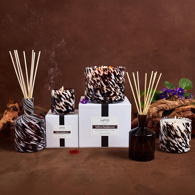 LAFCO New York Classic Fall Candle, Saffron Sandalwood - 6.5 oz - 50-Hour Burn Time - Reusable, Hand Blown Glass Vessel - Made in The USA