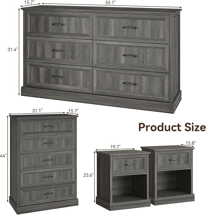 Farmhouse Dresser and Nightstand Sets, 4Pcs Bedroom Furniture Set, Nightstand Set of 2 & 55" Wide 6 Drawer and 44" Tall 5 Drawer Dresser with Large Drawers & Bar Handles, Grey