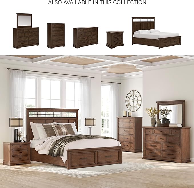 Signature Design by Ashley Taffenbrook Farmhouse 5-Drawer Chest with Felt-Lined Top Drawer and Easy Glide for Bedroom, Dark Brown