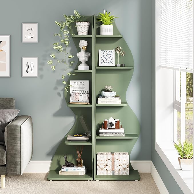 Tribesigns Corner Shelf, Modern 5-Tier Wall Corner Bookshelf, Stylish Corner Small Bookcase Storage Rack Plant Stand with Unique Shape for Living Room, Home Office (Sage Green, 2PCS)