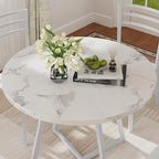 VECELO Round Dining Room Table with Wood Grain Tabletop and Steel Frame, for Kitchen, Living Room, Office, Conference, 2 to 4 Person, Fuax Marbled & White