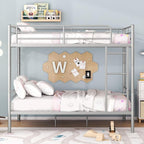 Merax Full Over Full Metal Bunk Bed with Ladder and high Guardrail, Able to Split, Storage Space, No Box Spring Needed, Noise Free, Silver