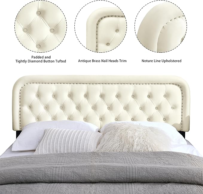 Tufted Upholstered Headboard,Button Solid Wood HeadBoards with Adjustable Height,Modern Performance Velvet Bed Head Boards,Easy Install&Nailhead (Beige, King)