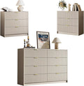 3-Piece Dresser Bedroom Set, 8 Drawer Dresser & 3 Drawer Nightstands with Gold Handles, Fluted Wood Chest of Drawers for Bedroom, Living Room, Entryway, Beige