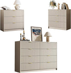 3-Piece Dresser Bedroom Set, 8 Drawer Dresser & 3 Drawer Nightstands with Gold Handles, Fluted Wood Chest of Drawers for Bedroom, Living Room, Entryway, Beige