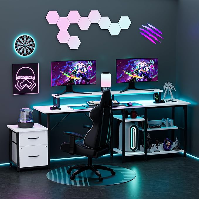 YOUNGAR Office Desk L Shape with File Drawers&Power Outlet, 69.3 Inch Reversible L Shaped Computer Desks,Corner L Shape or Long Desk Set up, Monitor Stand &Storage Shelves,LED Lights&CPU Stand,White