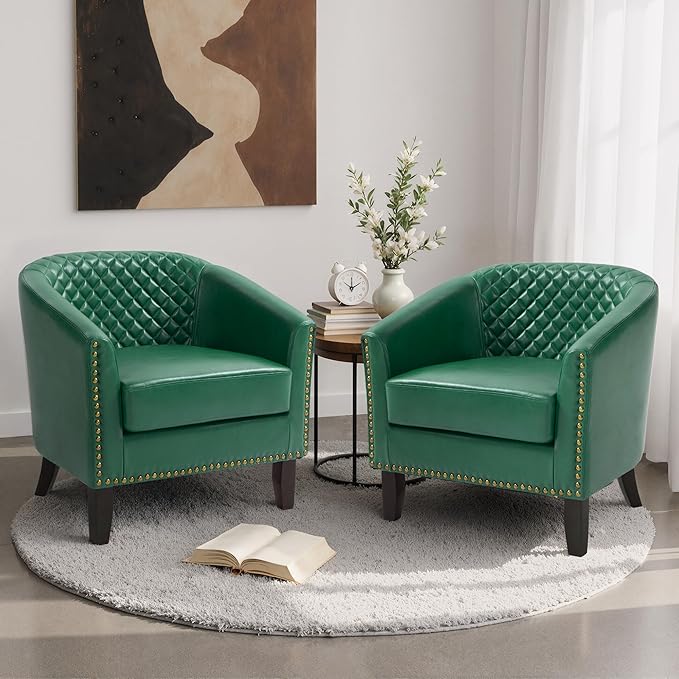 Pia Ricco Faux Leather Barrel Accent Chair, Modern Club Arm Chair Comfy Upholstered Single Sofa Chair with Solid Wood Legs and Nailhead Trim for Living Room/Reading Room (Green)