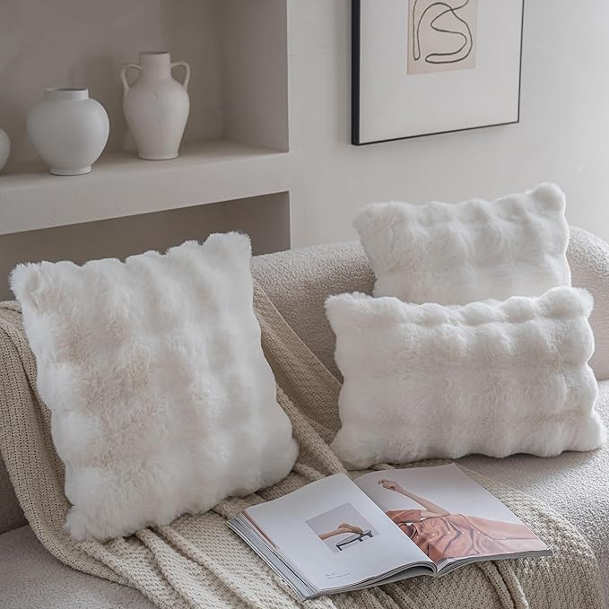 Neelvin Cream White Faux Fur Cozy Soft Double-Sided Decorative Throw Pillow Covers 20x20 inch Set of 2,Velvet Pillowcase Cushion Case for Sofa Couch