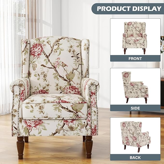 UIXE High Back Accent Chair, Fabric Upholstered Armchair for Living Room, Floral Printed Wingback Arm Chair with Solid Wood Legs, Retro Nailhead Trim Single Sofa Bedroom Reading Seat - Beige