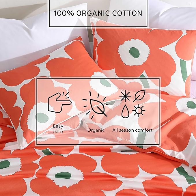 Marimekko - Duvet Cover Set, Super Soft Organic Bedding, Casual Home Decor (Unikko Orange, King)