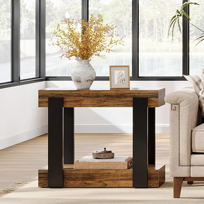Tribesigns Narrow End Table, 2-Tier Farmhouse Side Table with Storage Shelf for Living Room, Rectangular Night Stand and Bedside Tables for Bedroom, Brown