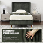 PINJU Twin Size Bed Frame, Upholstered Platform Bed with Modern Vertical Striped Wingback Headboard with Wooden Slats, Easy to Assemble No Noise Free (Green, Twin)