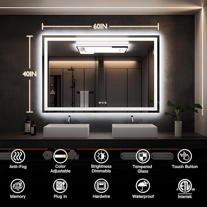 ISKM 60'' x 40'' LED Mirror for Bathroom Lighted Vanity Mirror for Wall Front Lights + Backlit LED Bathroom Mirror Anti-Fog Tempered Glass ETL Listed