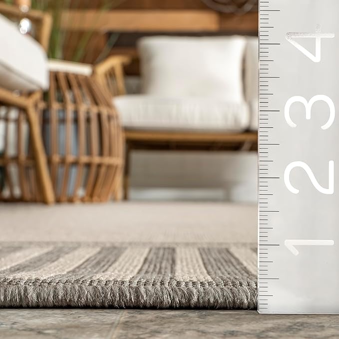 nuLOOM 2' x 8' Outdoor Area Rug, Casual Design with Striped Border, Stain Resistant, Highly Durable, for Patio, Balcony, Bedroom, Living Room, Dining Room, Bathroom, Light Grey