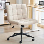 Furnimart Swivel Criss Cross Legged Chair with Wheels for Home Office, Wide Armless Desk Chair Height Adjustable Comfy Seat for Desk,Vanity, Bedroom, Beige