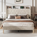 WLIVE Full Size Upholstered Bed Frame with Storage Headboard, Velvet Square Tufted Platform Bed with Charging Station, Sturdy Metal & Wooden Slats Support, No Box Spring Needed, Beige