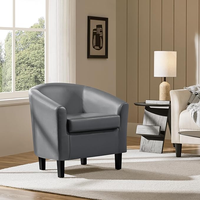Yaheetech PU Leather Barrel Chair, Modern Accent Chair with Wood Sturdy Legs, Faux Leather Club Chair Comfy Armchair Modern Tub Chair for for Living Room Bedroom Waiting Room, Gray