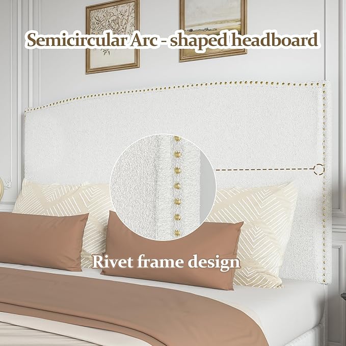 King Size Bed Frame and Headboard, 56" Upholstered Platform Bed with Nailhead Trim, Soft Boucle Fabric, No Box Spring Needed, Easy Assembly, White