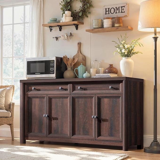 59" Large Buffet Cabinet with Storage, Farmhouse Walnut Sideboard Coffee Bar with 4 Doors & Adjustable Shelves, Wood Credenza Accent Coffee Bar Console Table for Living Room Hallway