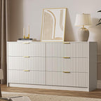 6 Drawer Dresser for Bedroom, 55" Wide Modern Chest of Drawers with Gold Metal Handles, Fluted Wood TV Stand for Living Room, Hallway(Beige)