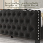 LARMACE King Size Bed Frame Velvet Upholstered Platform Bed with Wingback Headboard & Footbaord, Deep Button Tufted Bed Frame with Wood Slats Support, No Box Spring Needed, Black