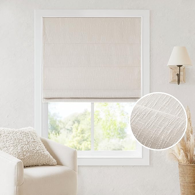 Madison Park Cordless Roman Shades, Total Blackout Window Blind Privacy Window Shades, Thermal Insulated Cordless Window Treatment for Bedroom, Living Room, Quincy, Single Panel 27" W X 64" H Linen