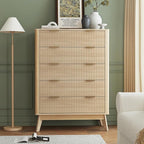 SUNWAVE Fluted 5 Drawer Dresser for Bedroom, 43.3" Tall Dressers with Round Corner, Mid-Century Modern Wood Chest for Living Room, Entry