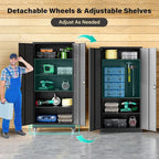 SISESOL Metal Storage Cabinet with Wheels,75 inch Tall Rolling Garage Storage Cabinet with Lock,Black Metal Cabinets with Wheels and Shelves,Deep Heavy Duty Tool Locker for Garage,Home,Office,Shop