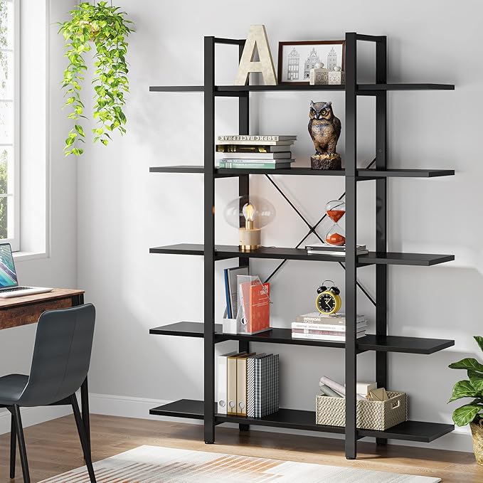 Tribesigns 5-Tier Bookshelf, Vintage Industrial Style Bookcase 72 H x 12 W x 47L Inches, Black