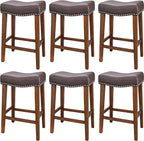 PrimeZone Counter Height Bar Stools Set of 6 - Backless Saddle Barstools with 4.3" Thick Upholstered, Nailhead Trim Faux Leather & Solid Wood Legs, 26 Inch Counter Stools for Kitchen Island, Brown