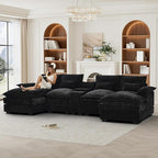 HYJT-H&K 124" U Shaped Cloud Couch Sectional, Comfy Fluffy Chenille Black Sectional Couches for Living Room, Modern Modular Sectionals Sofa with Central Console Double Chaise Lounge Black