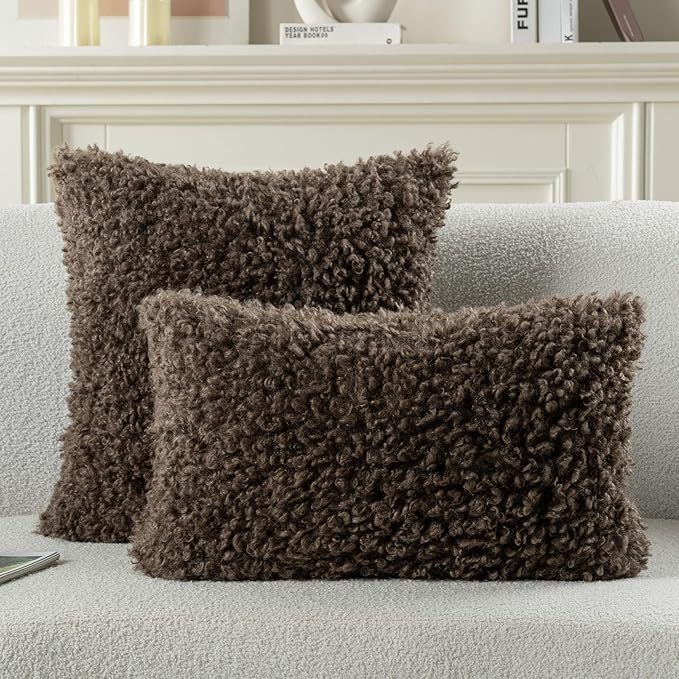FUTEI Chocolate Decorative Throw Pillow Covers 26x26 Inch Set of 2,Soft Fluffy Faux Wool Fur Boucle Textured Euro Pillow Shams,Modern Home Decor for Couch Bed Living Room Office