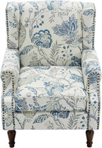 Pia Ricco High Back Floral Accent Chair - Retro Wingback Upholstered Armchair with Nailhead Trim, Solid Wood Legs, Fabric Living Room Bedroom Reading Chair (Plants Blue)