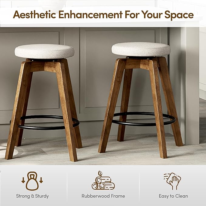 Thor Wicker Counter Height Wooden Counter Stool with Hand-Knitted Rope, K/D, Backless Island 24" Wicker Stool for Kitchen, Solid Wood (4, Swivel Counter Stool - Walnut)