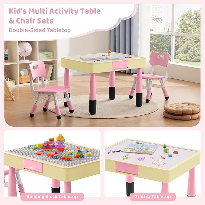 4 in 1 Kids Table and 2 Chairs Set with Storage, Toddler Table and Chair Set for Kids Ages 3-10, Graffiti & Building Blocks Double-Sided Tabletop (Pink, 2 Chairs)