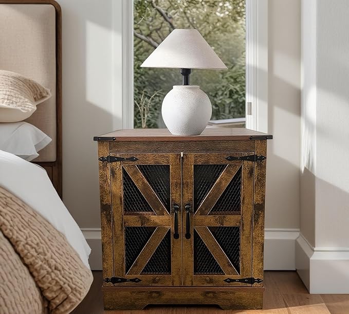 White Farmhouse End Table Set of 2, 24" Wood Sofa Side Table with Charging Station, Nightstand with Mesh Barn Door for Living Room, Square