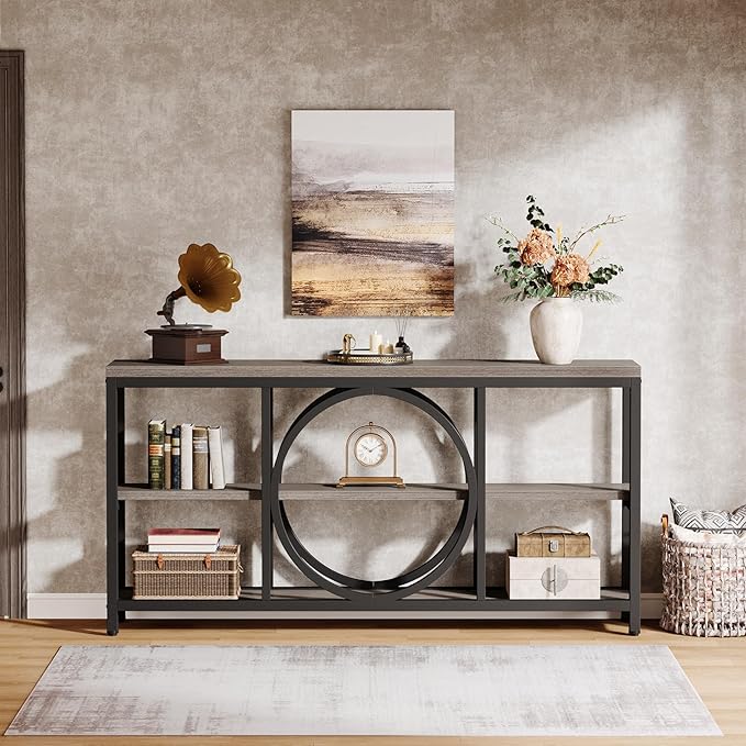 Tribesigns 70.9 Inch Extra Long Console Table for Entryway, Sofa Table Behind Couch with 3 Tier Wood Storage Shelves Industrial Metal Frame for Living Room Hallway Entryway, Black Rustic Gray