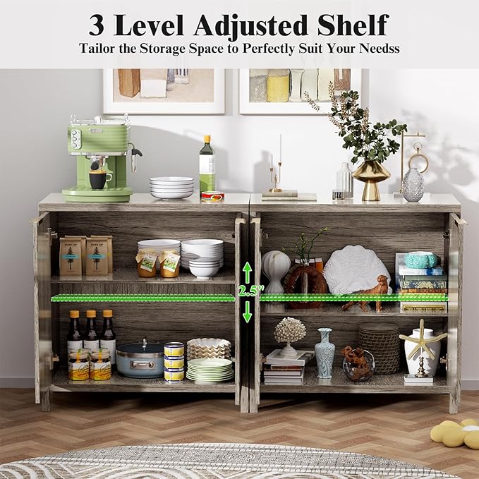 Sideboard Buffet Cabinet Set of 2, 31" Fluted Storage Cabinet with 2 Doors and Adjustable Shelves, Modern Sideboard Console Table for Living Room,Entryway,Dinning Room,Kitchen-Grey