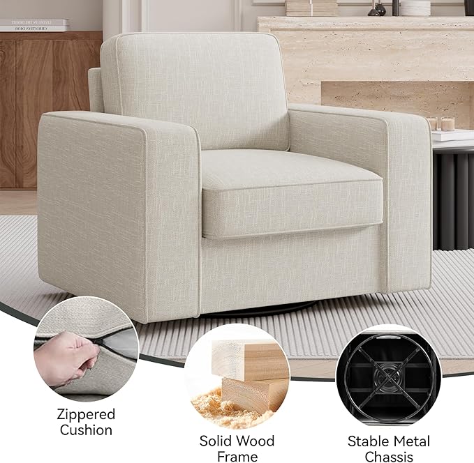 Swivel Accent Sofa Chair Set of 4, Modern Comfy Oversized Upholstered Cushion Back Armchair in Linen 1pcs for Living Room, Bedroom, Reading Room(Khaki)