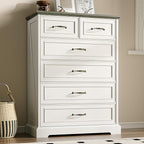 Farmhouse 6 Drawers Dresser for Bedroom, 43" Tall Modern Chest of Drawers with Deep Drawers & Bar Handles, Rustic Wood Dresser TV Stand, Wooden Closet Storage Organizer for Living Room, Hallway, White