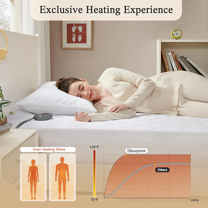 Beautyrest Cotton Heated Mattress Pad - Bed Warmer with 20 Heat Settings Controller, Auto Shut Off Timer, All Around Elastic Deep Pocket, UL Certified, Machine Washable, White Twin XL