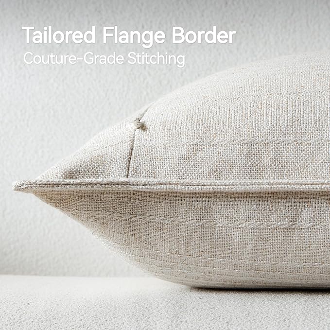 a moment Linen Pillow Covers Set of 2,Boho Farmhouse Throw Pillowcases Neutral Textured Decorative Covers for Couch Sofa,Soft Linen Blend Accent Case Cushion Christmas Home Decor 24"x24"Ivory