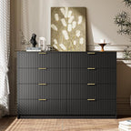 3-Piece Dresser Bedroom Set, 8 Drawer Dresser & 3 Drawer Nightstands with Gold Handles, Fluted Wood Chest of Drawers for Bedroom, Living Room, Entryway, Black
