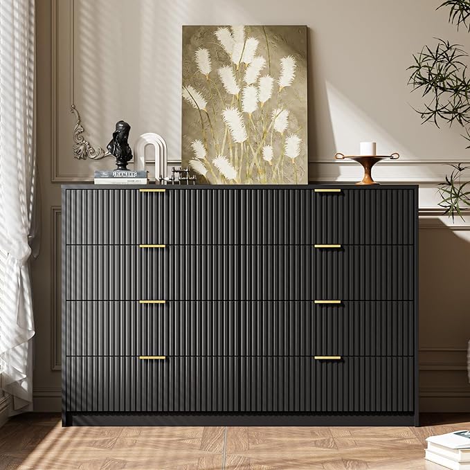 3-Piece Dresser Bedroom Set, 8 Drawer Dresser & 3 Drawer Nightstands with Gold Handles, Fluted Wood Chest of Drawers for Bedroom, Living Room, Entryway, Black