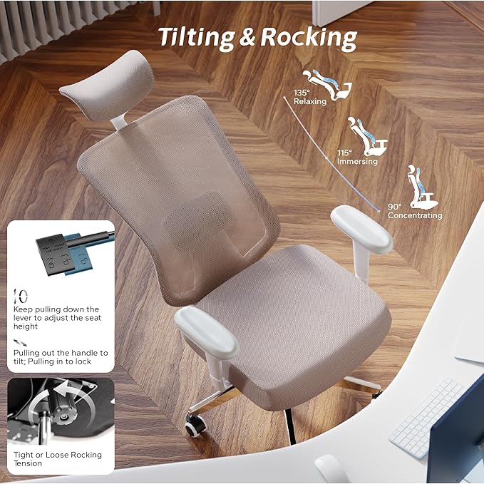 Ergonomic Office Chair, Mesh Desk Chair with Adjustable Headrest and 2D Armrest，Computer Chairs with Lumbar Support, Big and Tall Office Chair 400lbs, Large (01khaki)