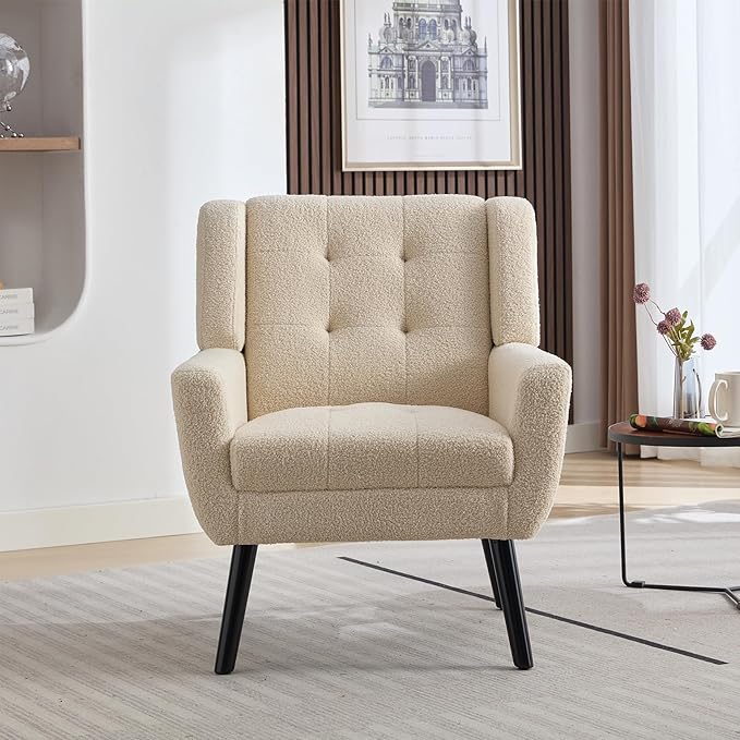 Dolonm Midcentury Modern Teddy Accent Chair with Arms, Upholstered Reading Side Chair Tufted Back Decorative Wingback Chair for Living Room Bedroom (White)