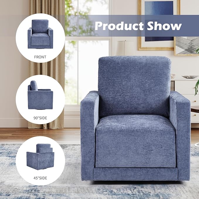 INZOY Swivel Accent Chair, Comfy 360° Swivel Chair with Hidden Storage, Upholstered Chenille Square Chair for Living Room Bedroom Small Spaces, Fully Assembled, Blue