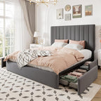 Allewie Queen Size Storage Bed Frame, Vertical Channel Tufted Adjustable Headboard, Velvet Upholstered Platform Bed with 4 Oversized Underbed Drawers, Wooden Slats Support, No Box Spring Needed, Grey