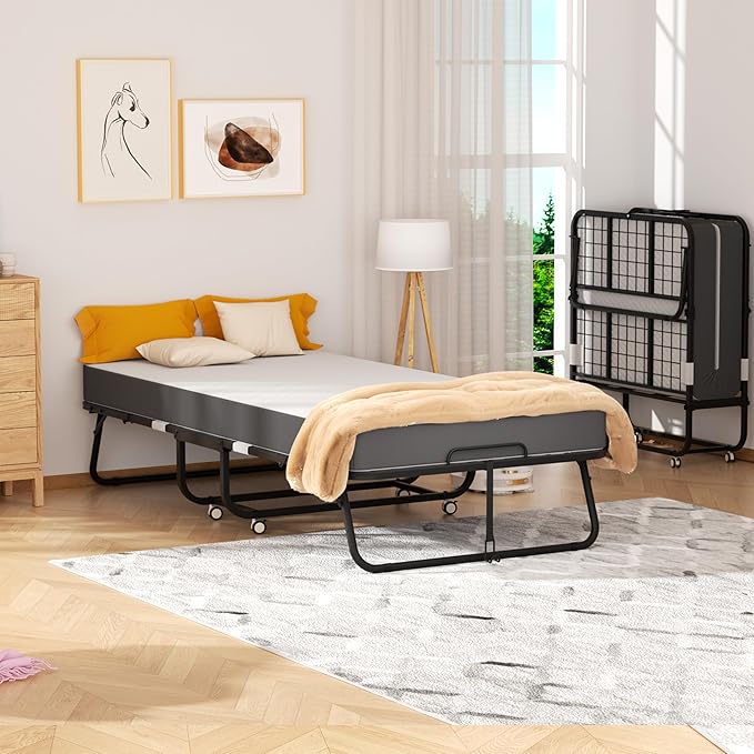 Superday Folding Bed with Mattress, 75" x 38" Folded Bed, Roll Away Beds with 5" Memory Foam Mattresses for Adults, Foldable Twin Beds for Guest Room, Small Apartment, Space-Saving Sturdy Metal Frame