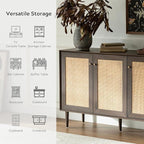 Rattan Storage Cabinet with 3 Doors, Boho Sideboard Buffet Cabinet Solid Wood Farmhouse Credenza Cabinet with Adjustable Shelves for Living Room Kitchen Entryway Hallway, Walnut